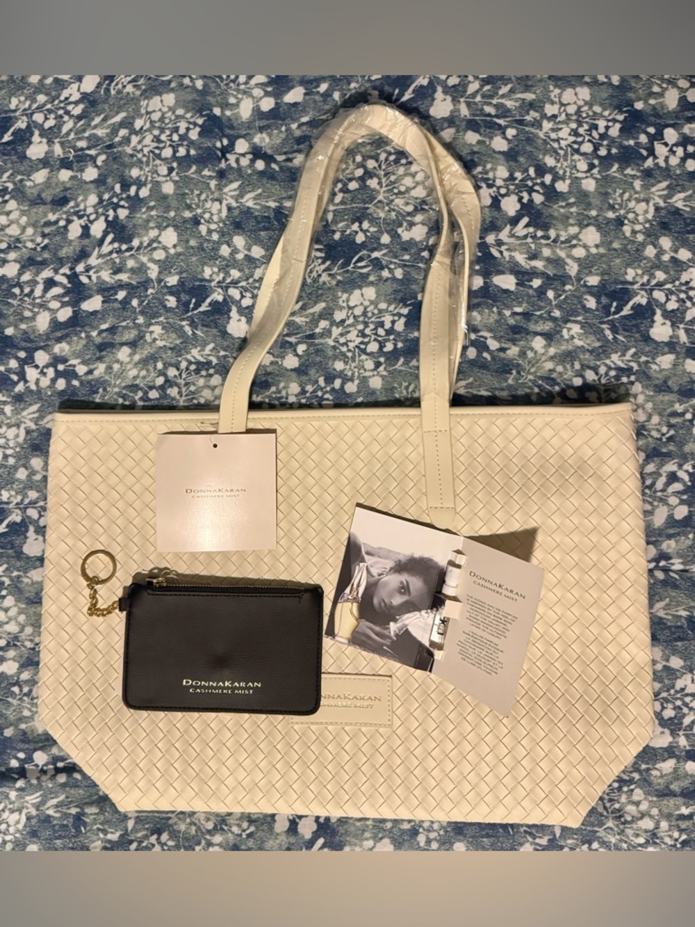 Donna Karan Cream Woven Tote with Black Coin Pouch